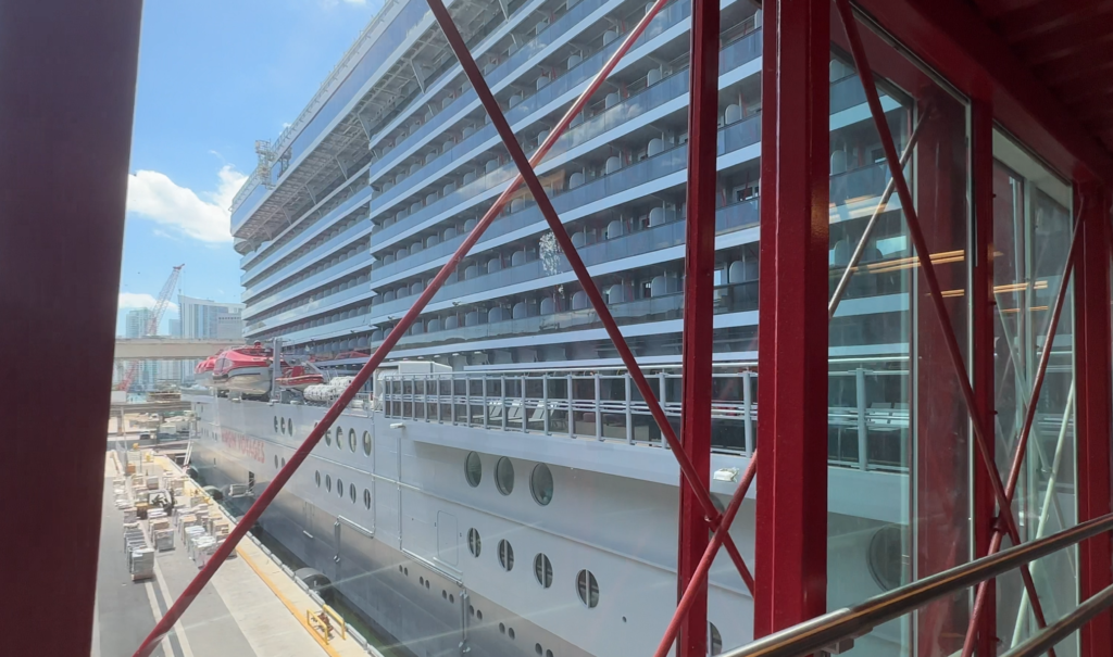 Virgin Voyages cruise ship during embarkation day boarding